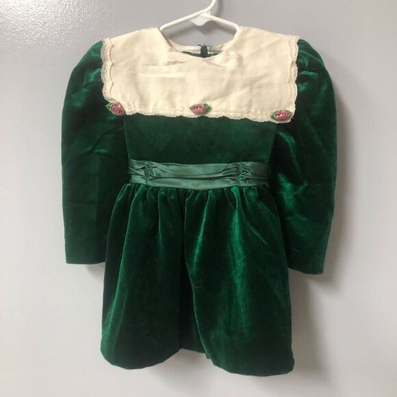 No Brand Other - Vintage Girls Green Velvet Holiday Dress Lace Collar Rosettes‎ Christmas 4T